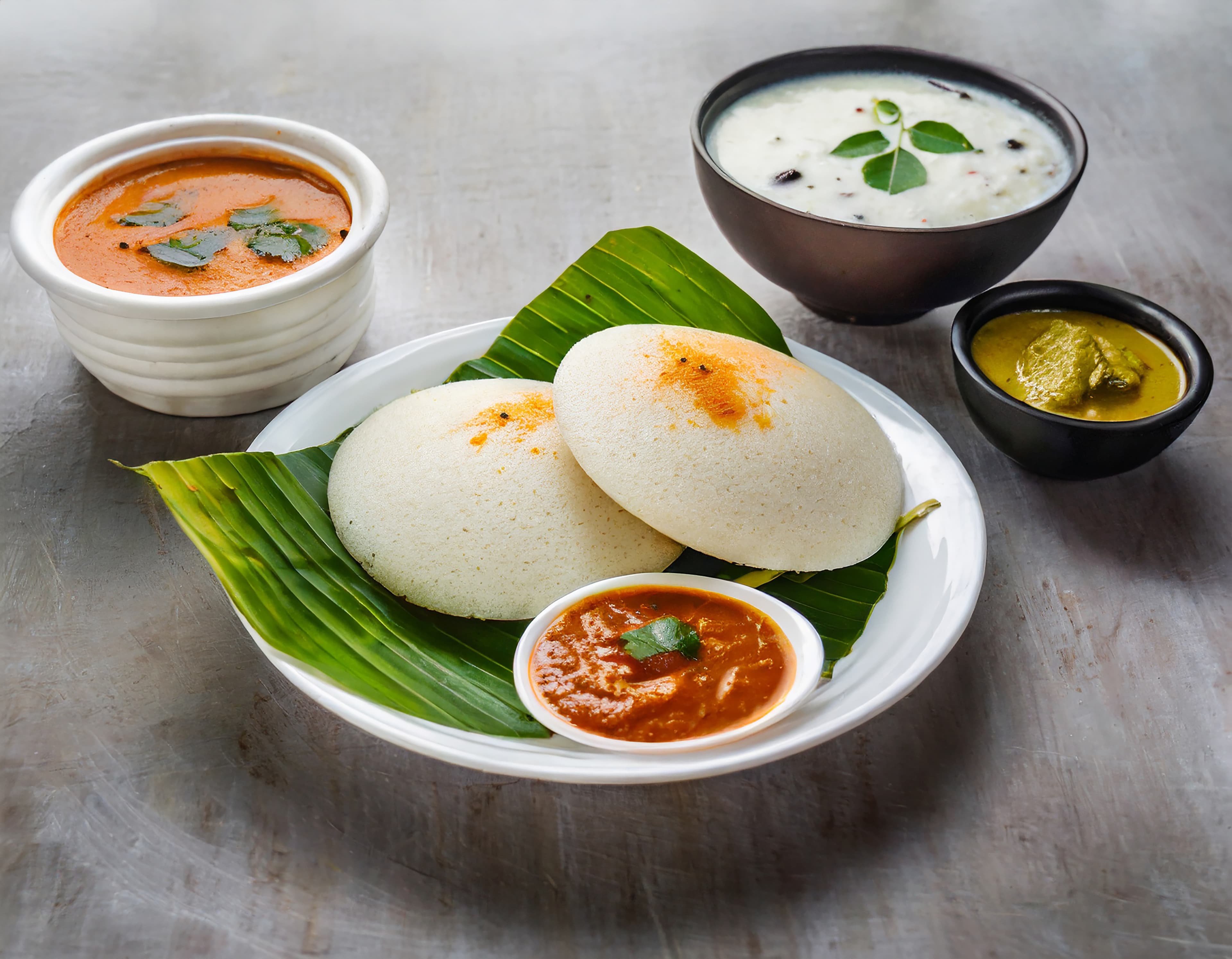 Idly with chutneys and sambar for catering